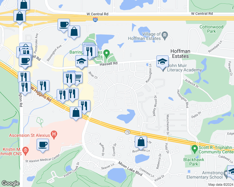 map of restaurants, bars, coffee shops, grocery stores, and more near 2103 Danbury Place in Hoffman Estates