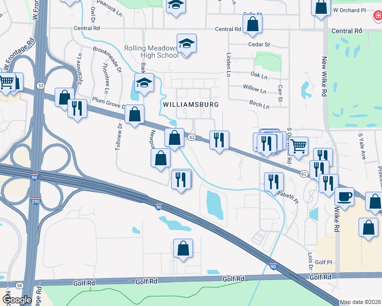 map of restaurants, bars, coffee shops, grocery stores, and more near 5101 Carriageway Drive in Rolling Meadows