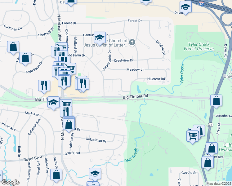 map of restaurants, bars, coffee shops, grocery stores, and more near 1233 Fairwood Court in Elgin
