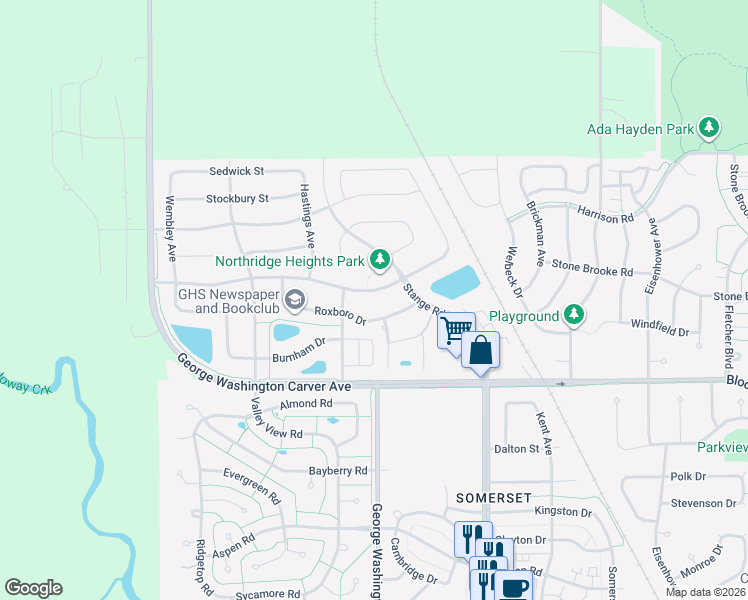 map of restaurants, bars, coffee shops, grocery stores, and more near 2833 Roxboro Drive in Ames