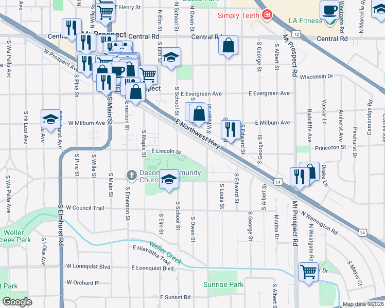 map of restaurants, bars, coffee shops, grocery stores, and more near 409 East Lincoln Street in Mount Prospect