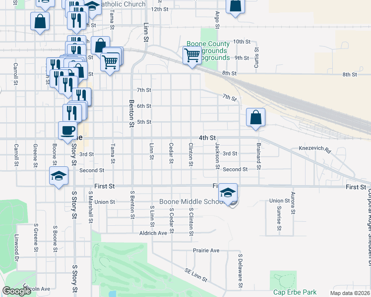 map of restaurants, bars, coffee shops, grocery stores, and more near 227 South Clinton Street in Boone