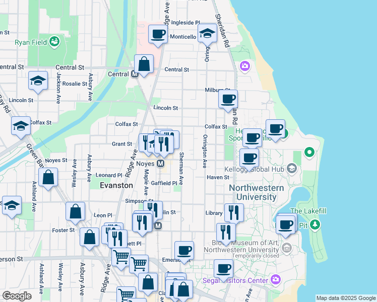 map of restaurants, bars, coffee shops, grocery stores, and more near in Evanston
