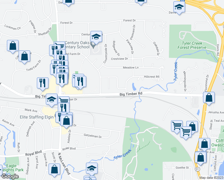map of restaurants, bars, coffee shops, grocery stores, and more near 1233 Fairwood Court in Elgin