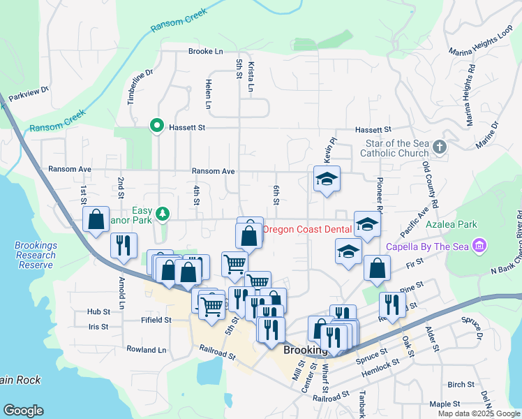 map of restaurants, bars, coffee shops, grocery stores, and more near 817 Easy Street in Brookings