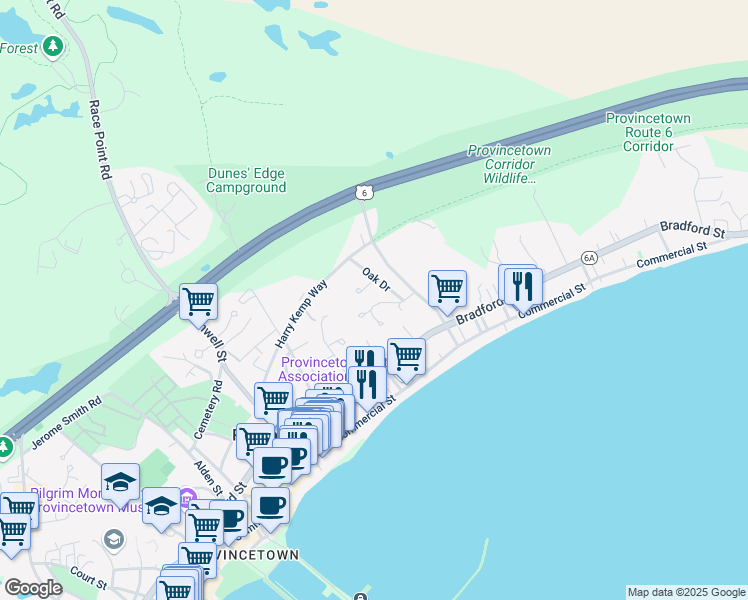 map of restaurants, bars, coffee shops, grocery stores, and more near 11 Willow Drive in Provincetown