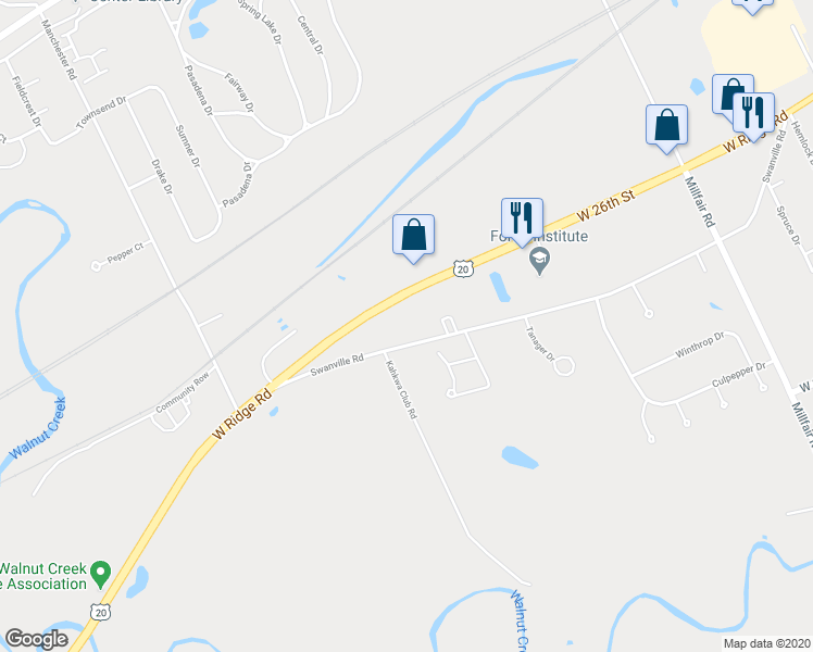 map of restaurants, bars, coffee shops, grocery stores, and more near 6040 Swanville Road in Erie