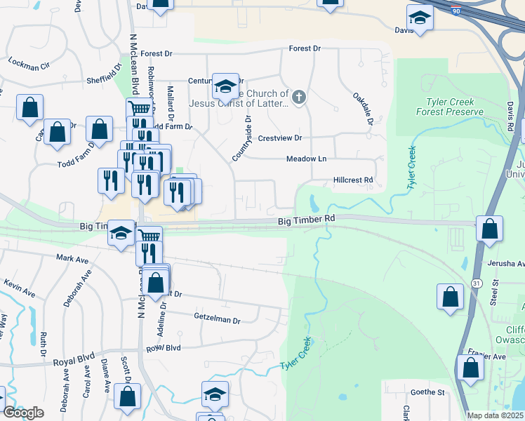 map of restaurants, bars, coffee shops, grocery stores, and more near 1233 Fairwood Court in Elgin