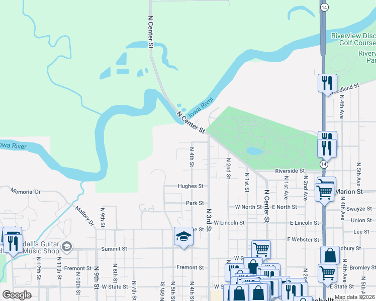 map of restaurants, bars, coffee shops, grocery stores, and more near 709-899 N 4th St in Marshalltown