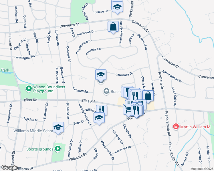 map of restaurants, bars, coffee shops, grocery stores, and more near 275 Blueberry Hill Road in Longmeadow