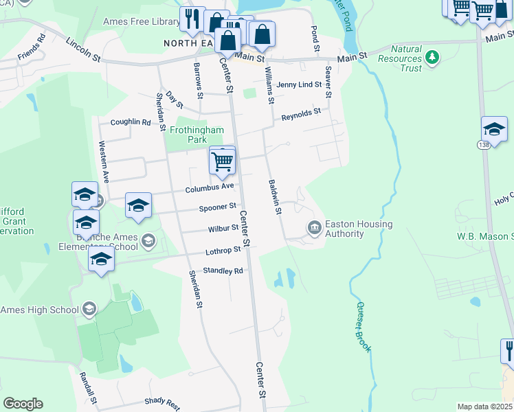map of restaurants, bars, coffee shops, grocery stores, and more near 124 Center Street in Easton