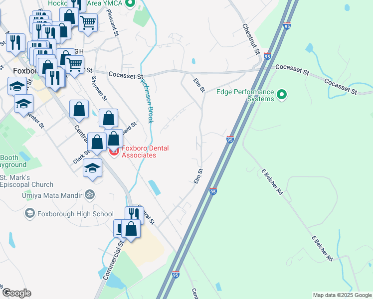 map of restaurants, bars, coffee shops, grocery stores, and more near 41 Elm Street in Foxborough