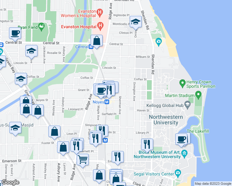 map of restaurants, bars, coffee shops, grocery stores, and more near 813 Noyes Street in Evanston
