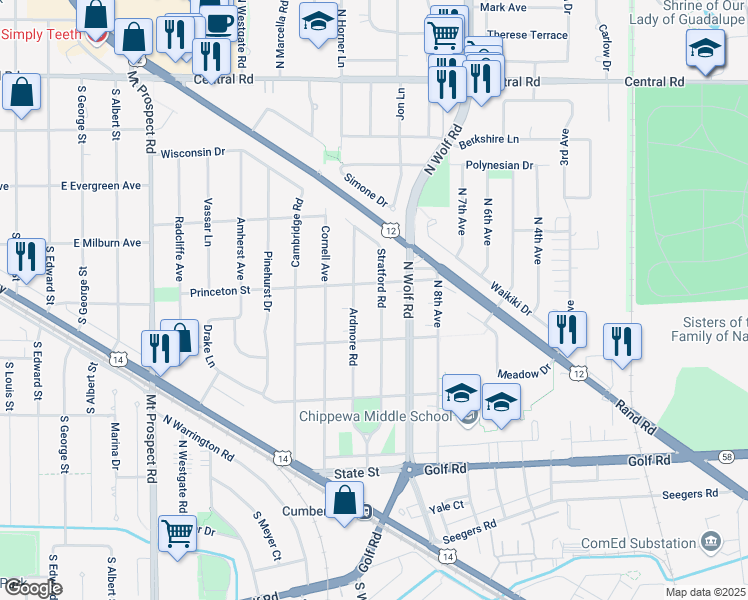 map of restaurants, bars, coffee shops, grocery stores, and more near 334 Stratford Road in Des Plaines