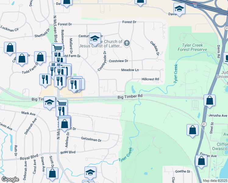 map of restaurants, bars, coffee shops, grocery stores, and more near 1233 Fairwood Court in Elgin