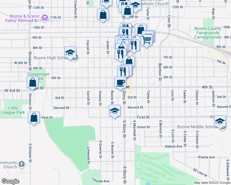 map of restaurants, bars, coffee shops, grocery stores, and more near 227 Story Street in Boone