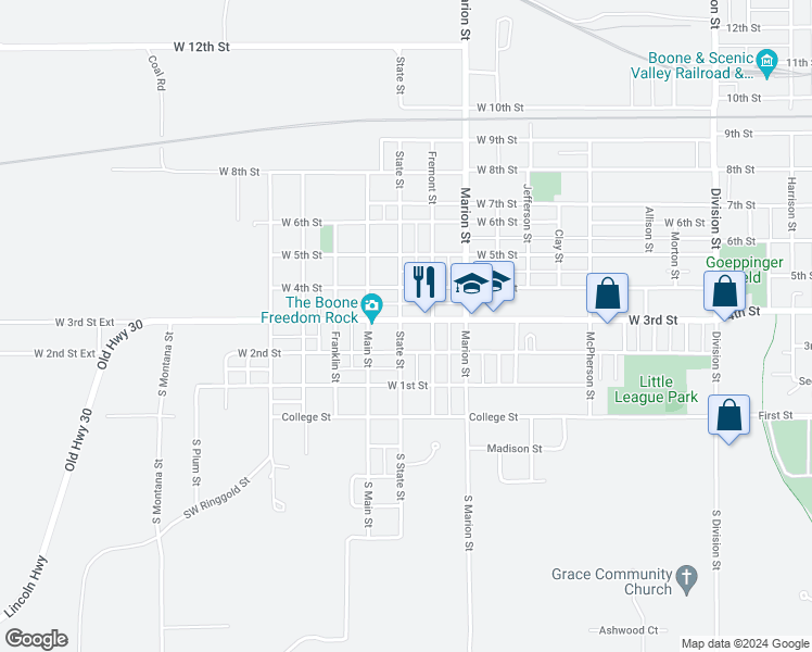 map of restaurants, bars, coffee shops, grocery stores, and more near 222 State Street in Boone