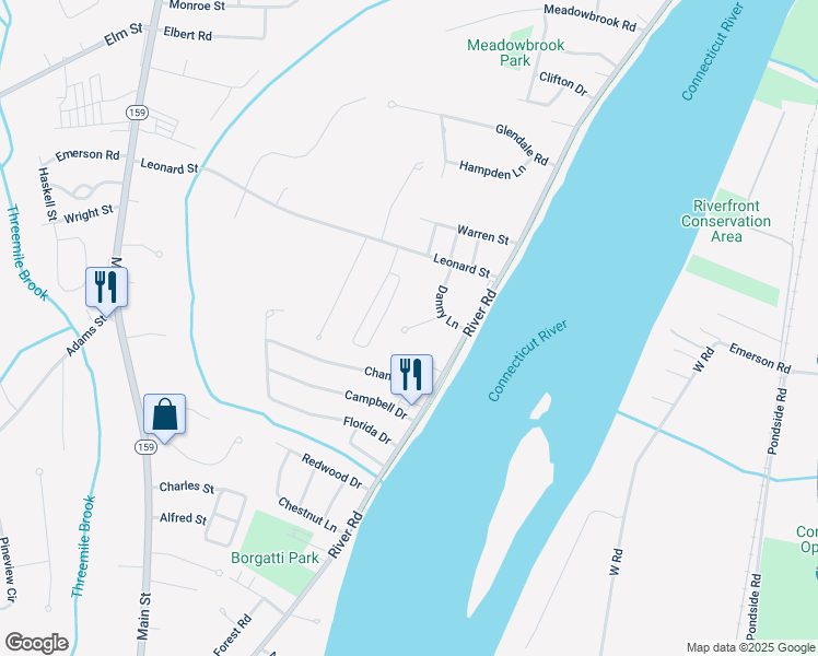 map of restaurants, bars, coffee shops, grocery stores, and more near 43 Joey Drive in Agawam