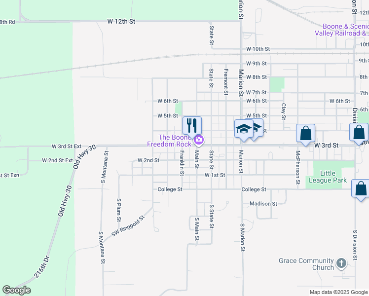 map of restaurants, bars, coffee shops, grocery stores, and more near 1122 West 3rd Street in Boone