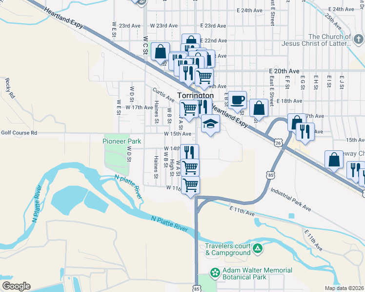 map of restaurants, bars, coffee shops, grocery stores, and more near 1101-1399 W A St in Torrington