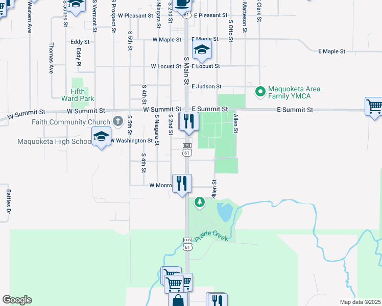 map of restaurants, bars, coffee shops, grocery stores, and more near 101-111 East Jefferson Street in Maquoketa