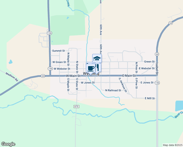 map of restaurants, bars, coffee shops, grocery stores, and more near 156 West Main Street in Wyoming