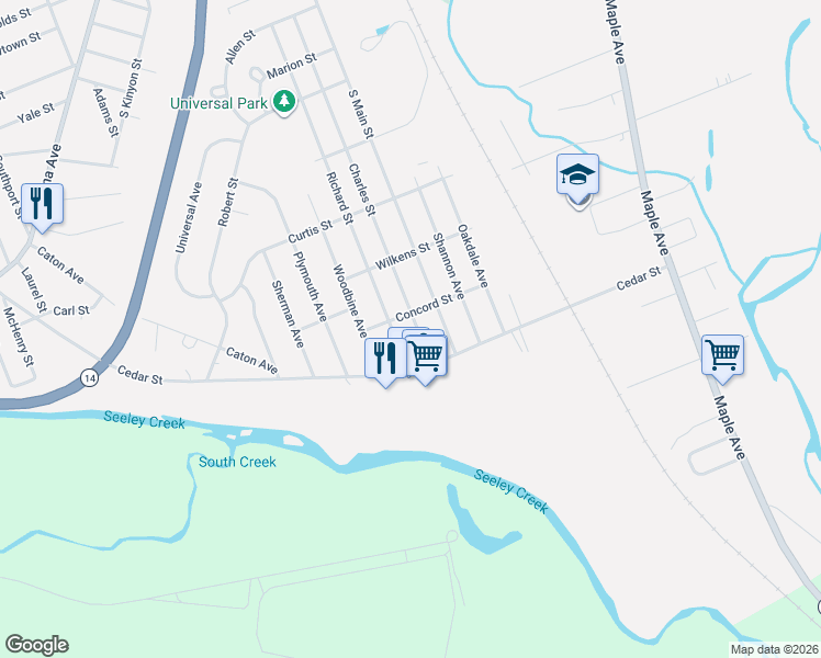 map of restaurants, bars, coffee shops, grocery stores, and more near 1264 Charles St in Elmira