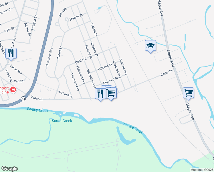 map of restaurants, bars, coffee shops, grocery stores, and more near 1264 Charles St in Elmira