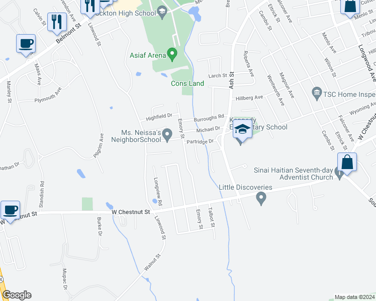 map of restaurants, bars, coffee shops, grocery stores, and more near 70 Talbot Street in Brockton