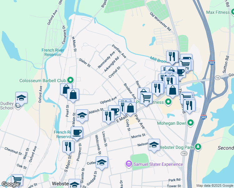 map of restaurants, bars, coffee shops, grocery stores, and more near 20 Stoughton Avenue in Webster