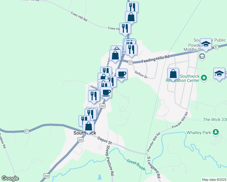 map of restaurants, bars, coffee shops, grocery stores, and more near 534-546 College Hwy in Southwick