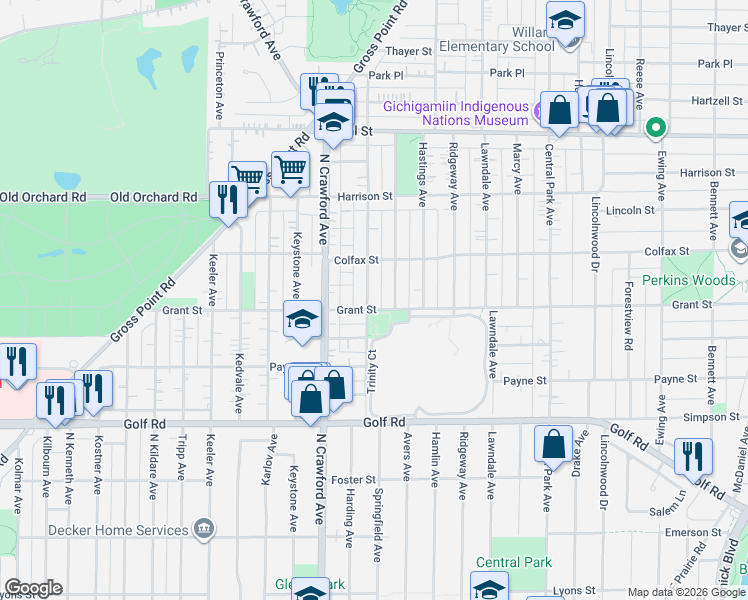 map of restaurants, bars, coffee shops, grocery stores, and more near 3300 Grant Street in Evanston