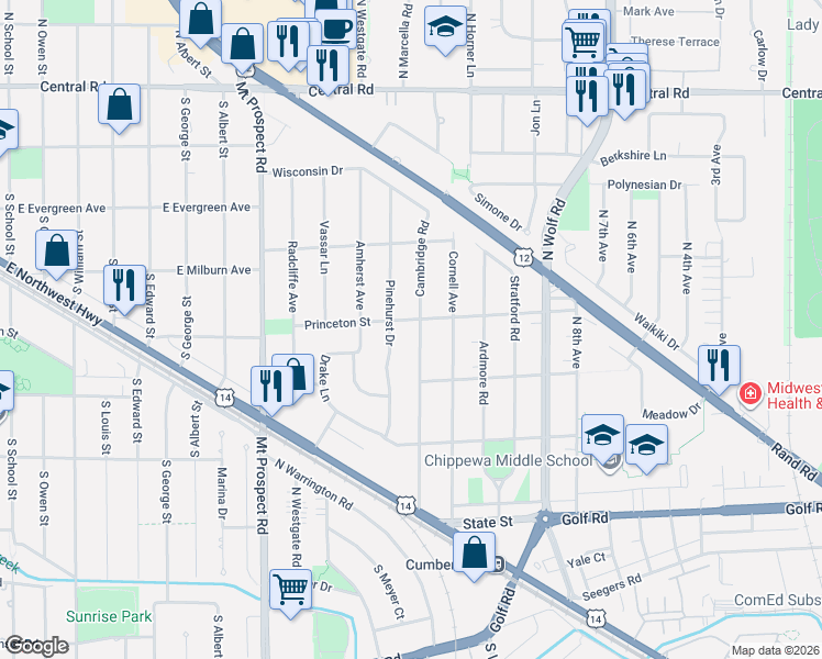 map of restaurants, bars, coffee shops, grocery stores, and more near 349 Cambridge Road in Des Plaines