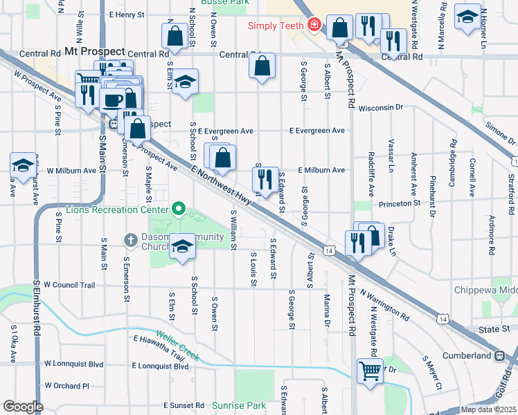 map of restaurants, bars, coffee shops, grocery stores, and more near 701 East Prospect Avenue in Mount Prospect