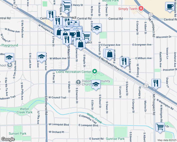 map of restaurants, bars, coffee shops, grocery stores, and more near 411 South Maple Street in Mount Prospect