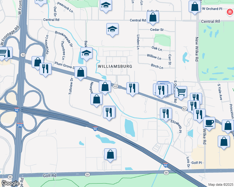 map of restaurants, bars, coffee shops, grocery stores, and more near 5101 Carriageway Drive in Rolling Meadows