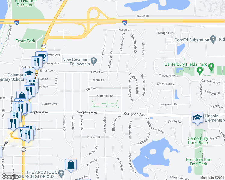 map of restaurants, bars, coffee shops, grocery stores, and more near 949 Ford Avenue in Elgin