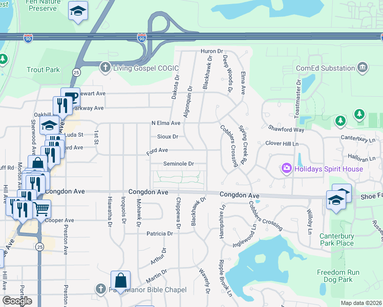 map of restaurants, bars, coffee shops, grocery stores, and more near 949 Ford Avenue in Elgin