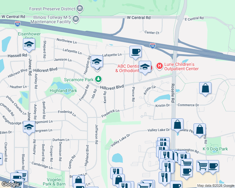 map of restaurants, bars, coffee shops, grocery stores, and more near 1705 Monticello Road in Hoffman Estates