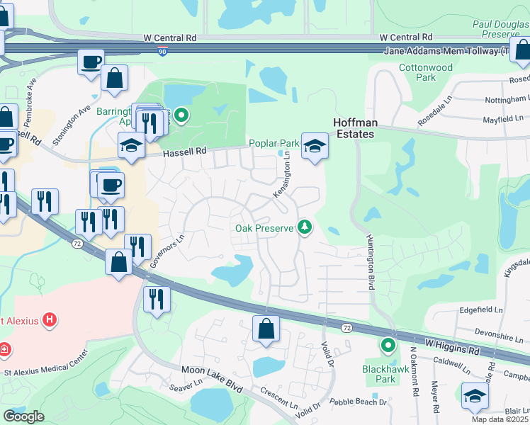 map of restaurants, bars, coffee shops, grocery stores, and more near 1992 Hastings Drive in Hoffman Estates