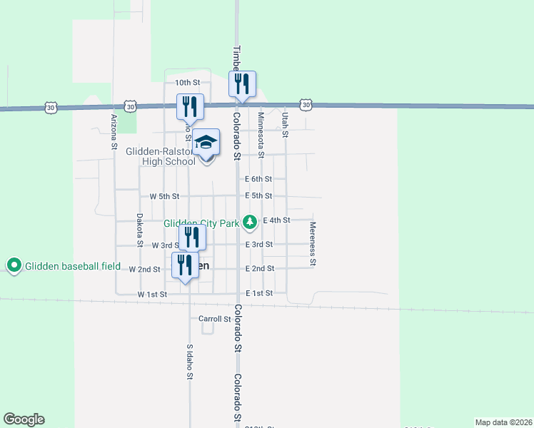 map of restaurants, bars, coffee shops, grocery stores, and more near 303 Utah Street in Glidden