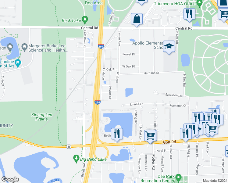 map of restaurants, bars, coffee shops, grocery stores, and more near 9960 Holly Lane in Des Plaines