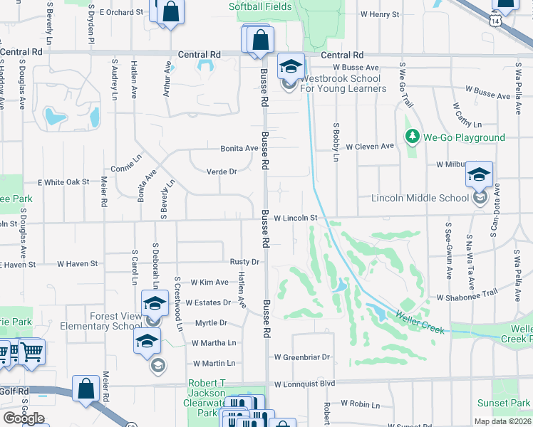 map of restaurants, bars, coffee shops, grocery stores, and more near 341 Busse Road in Mount Prospect