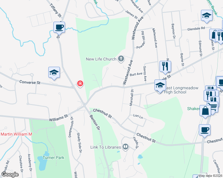 map of restaurants, bars, coffee shops, grocery stores, and more near 281 Maple Street in East Longmeadow