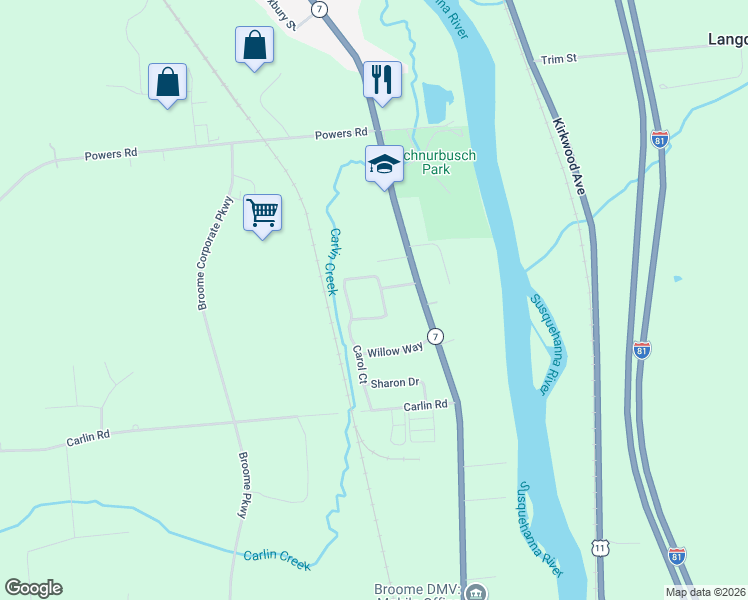 map of restaurants, bars, coffee shops, grocery stores, and more near 65 Carol Court in Conklin