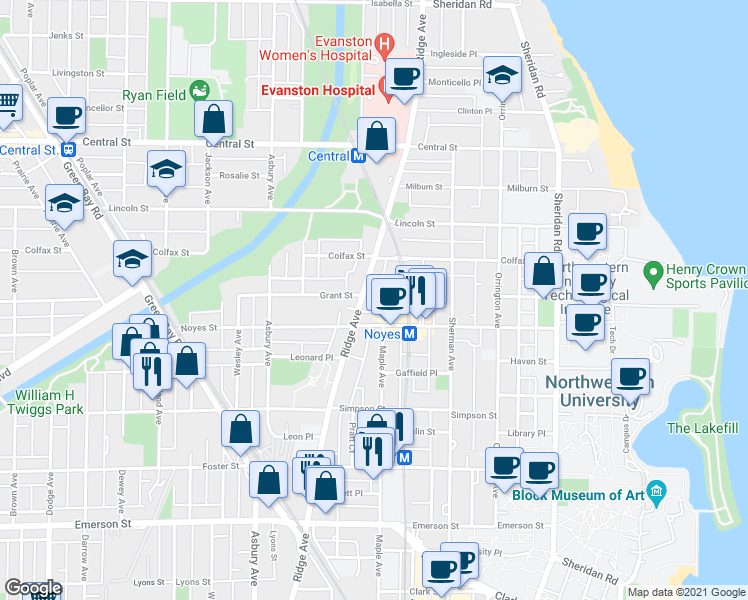 map of restaurants, bars, coffee shops, grocery stores, and more near 2253 Ridge Avenue in Evanston