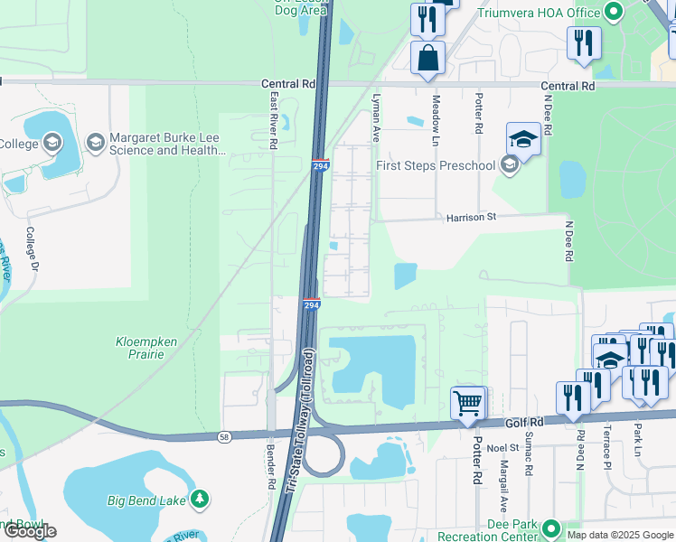 map of restaurants, bars, coffee shops, grocery stores, and more near 9981 Linda Lane in Des Plaines