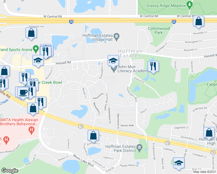 map of restaurants, bars, coffee shops, grocery stores, and more near 1788 Jamestown Circle in Hoffman Estates