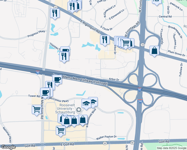 map of restaurants, bars, coffee shops, grocery stores, and more near Woodland Drive in Schaumburg