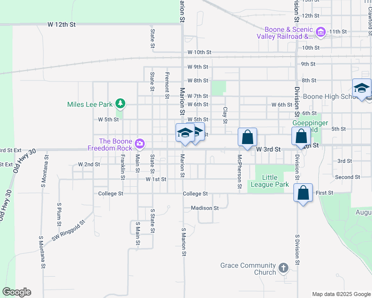 map of restaurants, bars, coffee shops, grocery stores, and more near 727 West 3rd Street in Boone